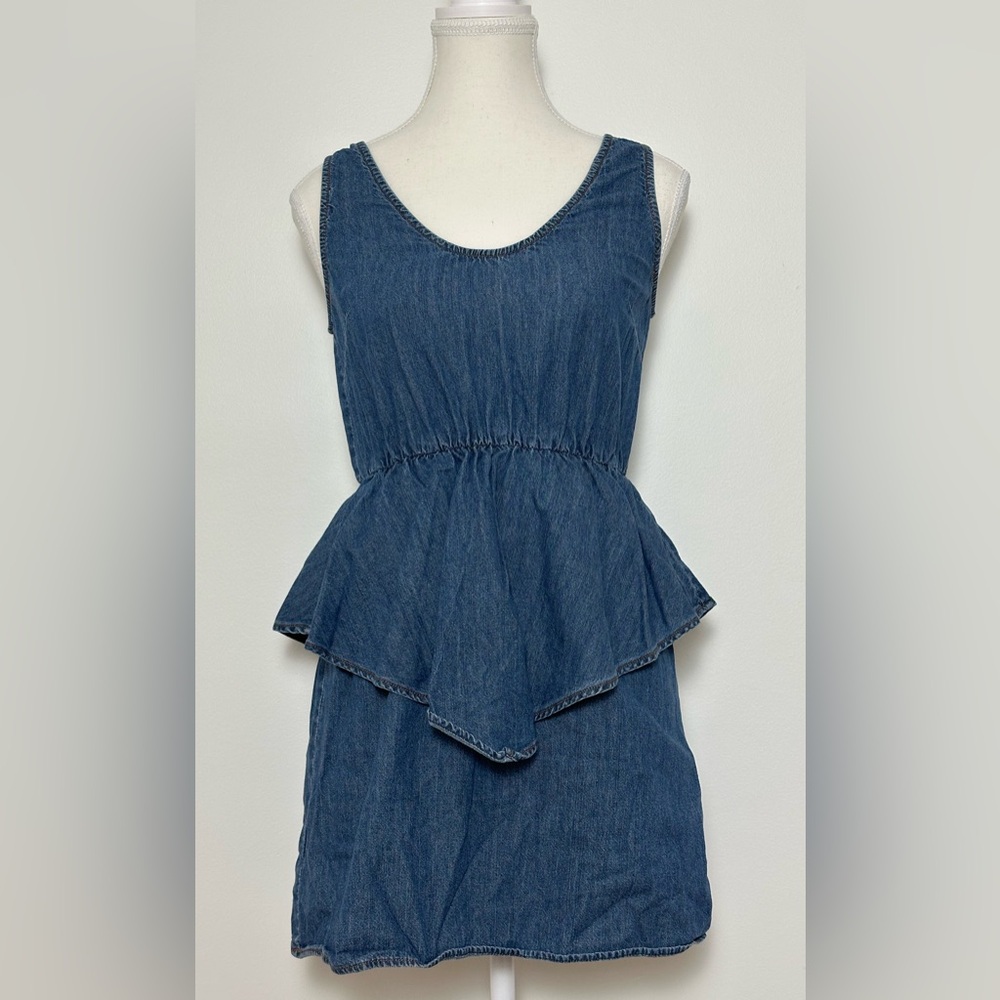 HAZEL‎ 100% Cotton Denim Anthro Peplum Western Festival Mini Dress Size S
